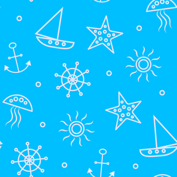 Blue sea travel vacation seamless pattern background texture with sailboats, starfish, anchors. - Wektor, obraz
