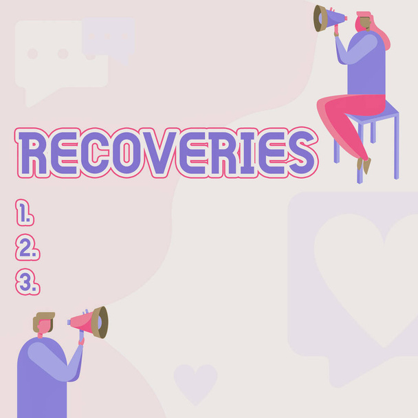 Inspiration showing sign Recoveries. Business concept process of regaining possession or control of something lost Man Standing And Woman Sitting Both Holding Megaphone With Message Symbol. - Photo, Image