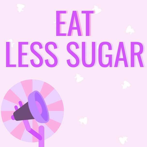 Εννοιολογική απεικόνιση τρώνε λιγότερη ζάχαρη. Word Written on reducing sugar intension and eating a healthful diet rich foods Εικονογράφηση του Πόλου. - Φωτογραφία, εικόνα