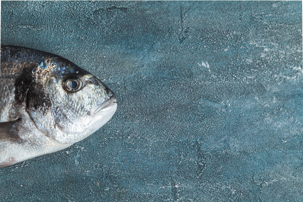 Fresh dorado fish on the dark marble background. Flat lay of fish ready to cook. Close up photo of fish head with free space - Фото, изображение
