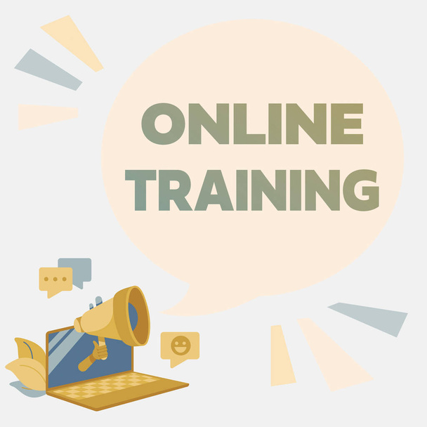 Conceptual display Online Training. Business approach Take the education program from the electronic means Laptop Drawing Sharing Comments And Reactions At Chat Cloud Over Megaphone. - Фото, изображение