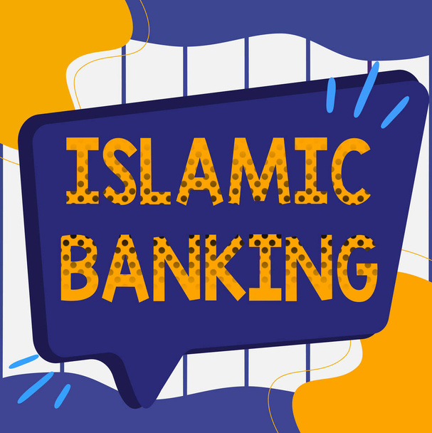 Fogalmi felirat: Islamic Banking. Üzleti kirakat Bankrendszer az iszlám jog elvei alapján Az üres Big Chat doboz illusztrációja Reklám várakozásra. - Fotó, kép