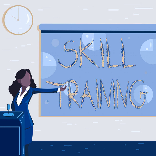 Writing displaying text Skill Training. Business concept designed to gain and enhance the knowledge an employee needs Lady Drawing Standing Holding Projector Remote Control Presenting Pie Charts - Photo, Image