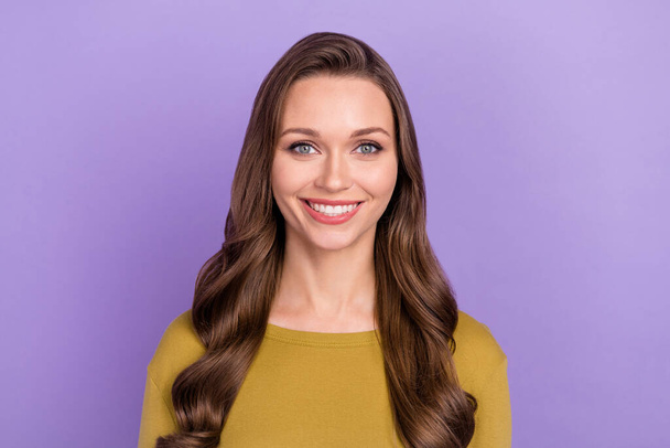 Photo of cheerful satisfied person toothy beaming smile look camera isolated on purple color background - Fotó, kép