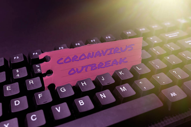 概念表示コロナウイルスの発生。新発見のCOVID19による事業概要感染症新製品キーコンセプトの入力、ムービー字幕ソフトウェアの入力 - 写真・画像