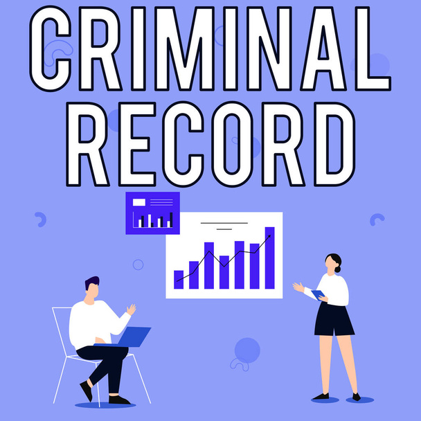 Text sign showing Criminal Record. Word Written on profile of a person criminal history with details Man Using Laptop And Girl Standing Sharing Ideas For Improvement. - Photo, Image