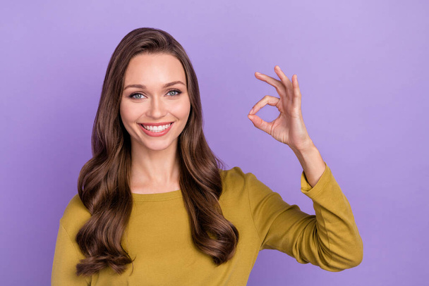 Portrait of gorgeous satisfied person fingers make okey symbol isolated on purple color background - Φωτογραφία, εικόνα