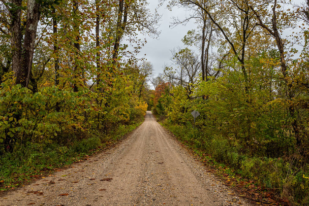 Un chemin de terre rural dans le comté de Parke, Indiana pendant le changement de couleur des feuilles d'automne. - Photo, image