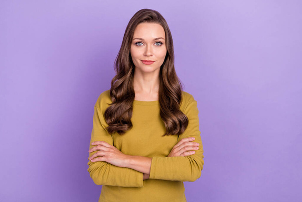 Photo of gorgeous satisfied person crossed hands look camera isolated on pastel violet color background - Foto, Imagem