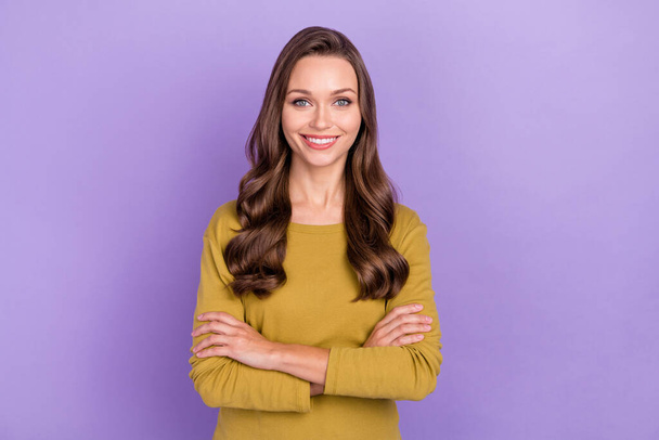 Portrait of candid friendly lady folded arms toothy smile look camera isolated on purple color background - Photo, image
