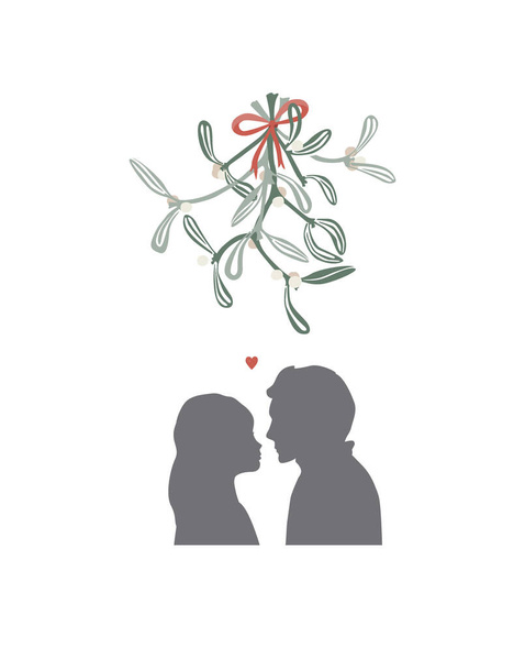 Xmas kissing under mistletoe branch. The guy and the girl are going to kiss. A gentle first kiss. Relations, love, date, love, affection, teens love concept - Vector, Image