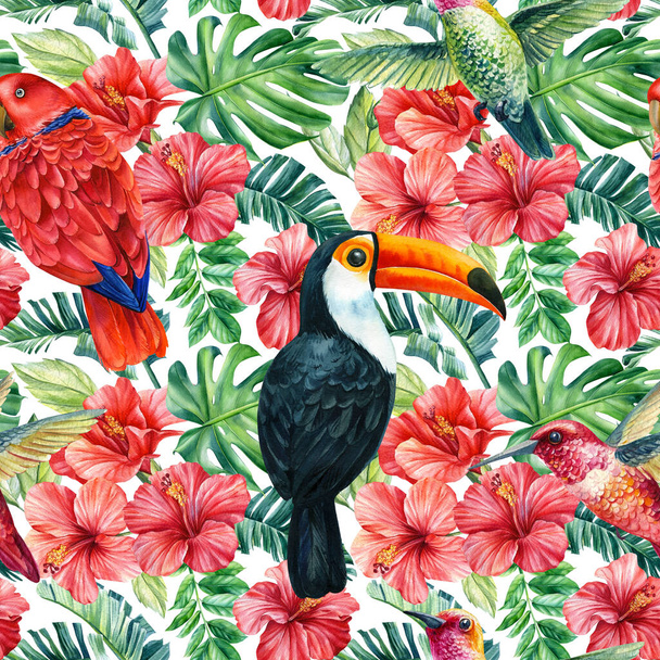 Print summer exotic jungle plant tropical palm leaves. Pattern, seamless floral and bird toucan, parrots - Φωτογραφία, εικόνα