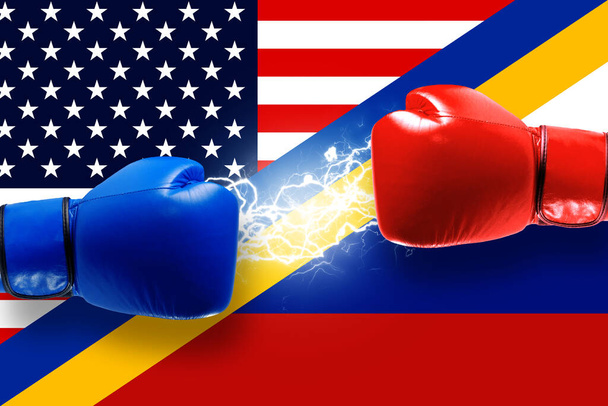 Concept image Conflict between russia and usa or America on Ukrainian border. Crisis concept. Boxing gloves ready to fight - Photo, Image