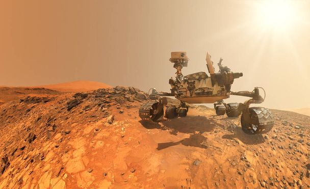 火星だ。真の火星の風景を背景にしたローバー。火星探査ミッション。火星の植民地。NASAによって提供されたこのビデオの要素. - 写真・画像