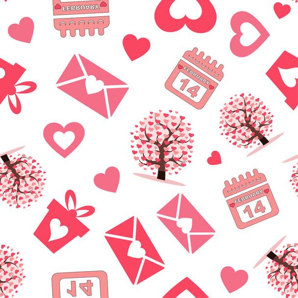Valentine`s day. Cute hand drawn seamless pattern with love doodles elements: hearts, calendar, gift boxes, envelopes - Vector, Image