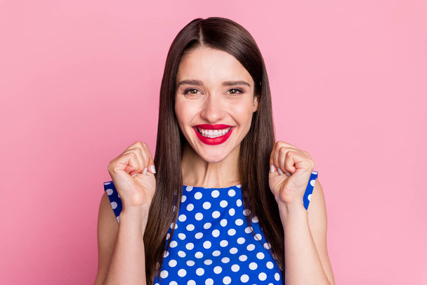 Photo of young attractive woman happy positive smile rejoice success win lottery sale isolated over pink color background - Fotoğraf, Görsel