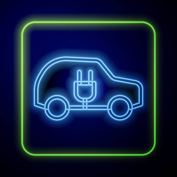 青の背景に隔離されたネオン電気自動車と電気ケーブルプラグ充電アイコンを光る。再生可能エネルギー技術。ベクトル - ベクター画像