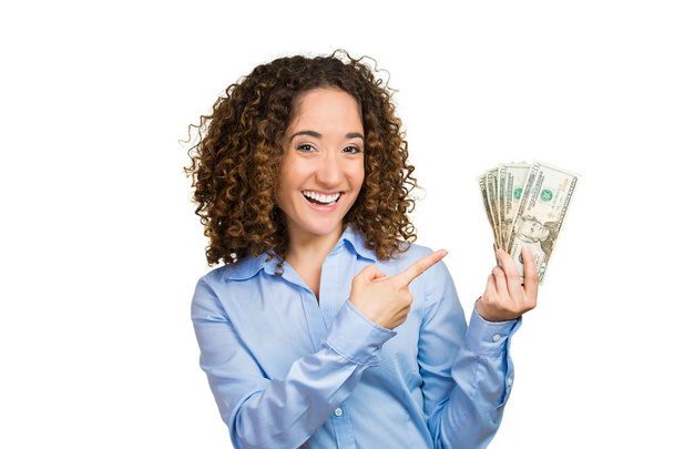 Happy excited successful young business woman holding money dollar bills - Foto, Imagem