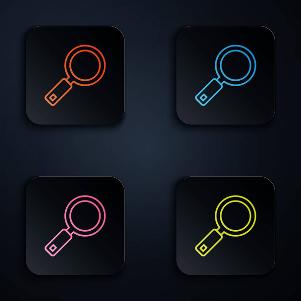 Color neon line Magnifying glass icon isolated on black background. Search, focus, zoom, business symbol. Set icons in square buttons. Vector - Vector, Image