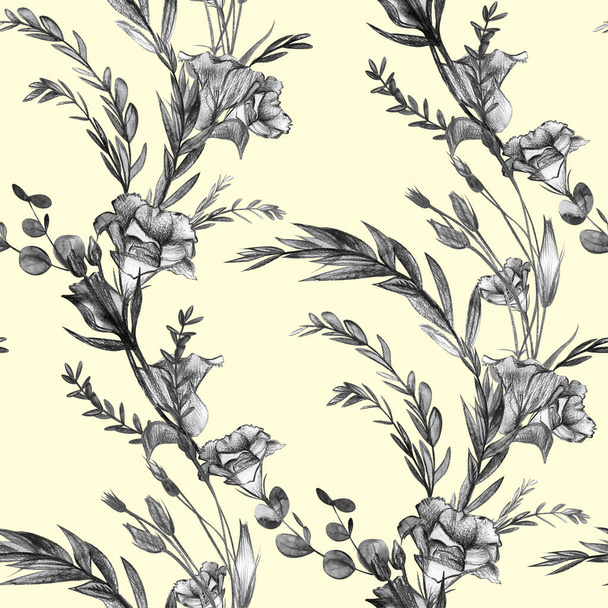 Botaniczny wzór z czarno-białych kwiatów eustoma na jasnożółtym tle - Zdjęcie, obraz