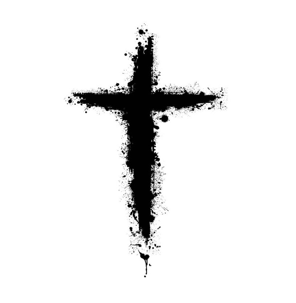 Hand getekende zwarte grunge cross pictogram, eenvoudige christelijke kruis teken, handgeschilderde Kruis symbool gemaakt met echte inkt borstel geïsoleerd op witte achtergrond. - Vector, afbeelding