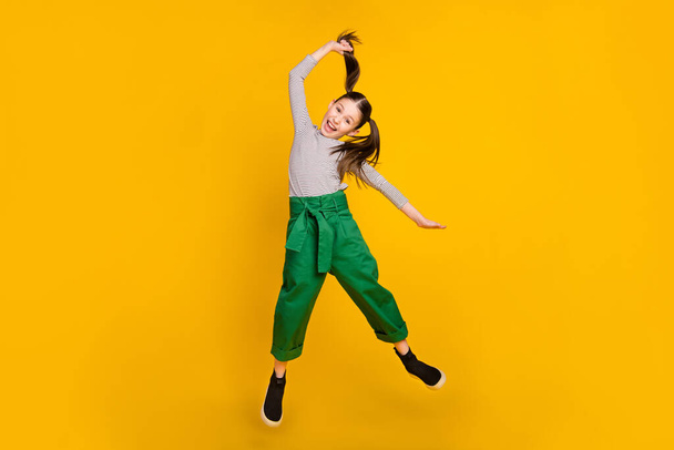 Full body photo of young excited school girl jump up hold ponytail funky isolated over yellow color background - Foto, immagini