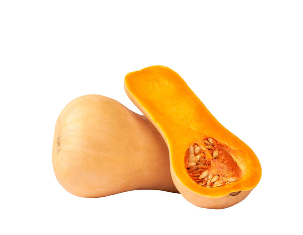 whole and sliced raw butternut squash isolated on white background. - Photo, Image