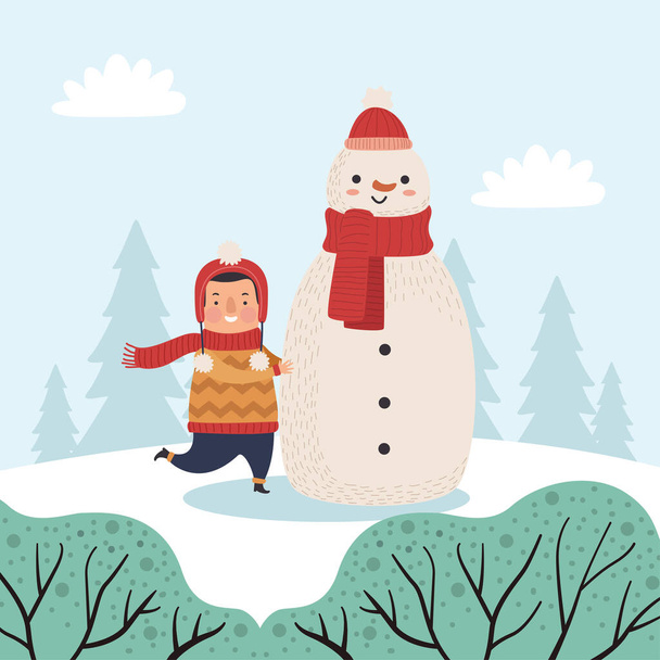 jongen en sneeuwman scene - Vector, afbeelding