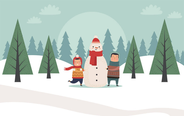 father and son with snowman - Vector, Image