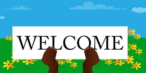 Hand holding Welcome paper text. Showing billboard. Colorful vector illustration. - Vector, Image