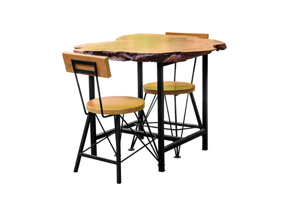 Set von modernen Holztisch mit Stahlbeinen und Stuhl isoliert auf weißem Hintergrund mit Clipping-Pfad. - Foto, Bild