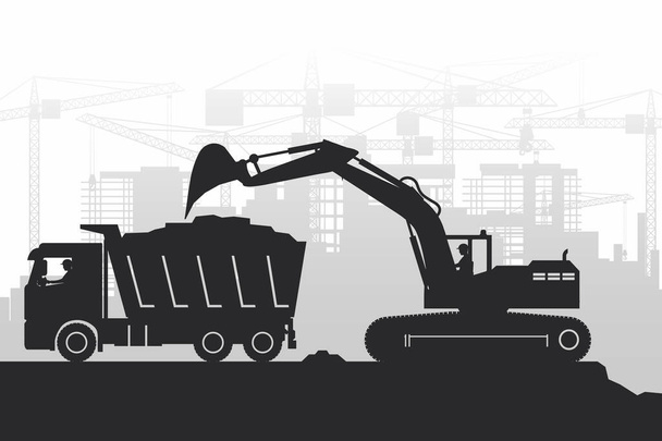 Background of buildings under construction with silhouettes of operators working with heavy machinery of excavators and trucks - Vector, Image