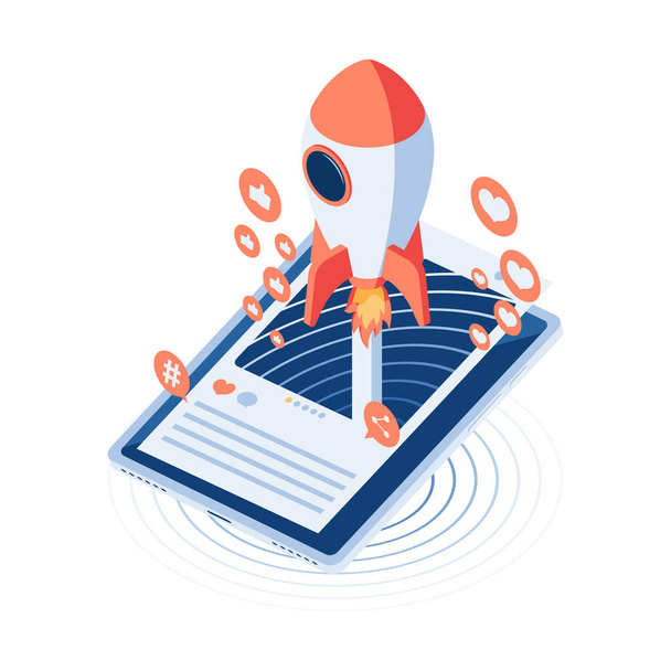 Flat 3d Isometric Rocket Flying Out From Social Media Post on Smartphone. Digital Marketing and Social Media Advertising Concept. - Vector, Image