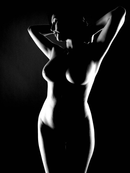 Erittäin korkea kontrasti musta ja valkoinen taide alastonkuvia kova puoli valaistus latinalaisamerikkalainen malli Dalia - Valokuva, kuva