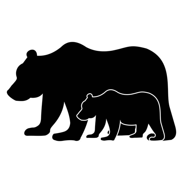 Wild Animal Oso grande con un cachorro de oso pequeño, icono de silueta aislado negro - Vector, Imagen