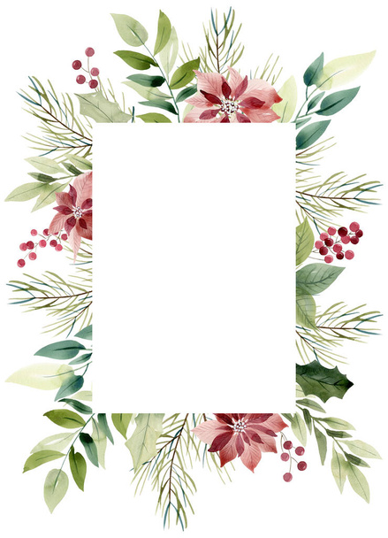 Watercolor christmas frame with poinsettia. - Foto, afbeelding