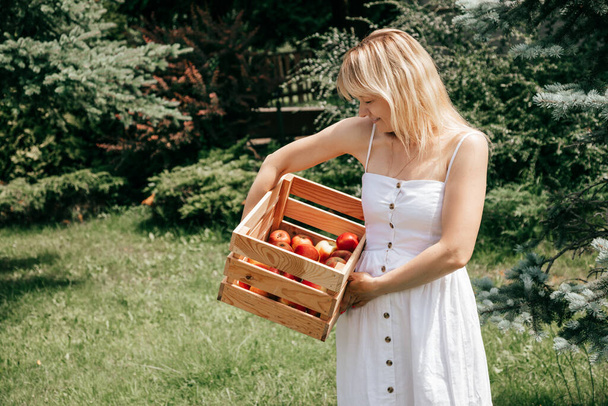 Charming blonde in white sundress on summer day holds wooden box with red apples in her hands. Healthy lifestyle. Eco-friendly materials. Small business. Beauty and health. Woman with apples. - Foto, Bild