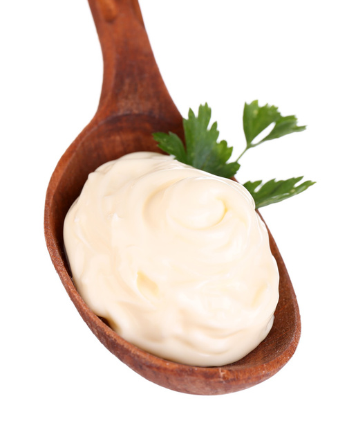 Mayonnaise in wooden spoon - Photo, image