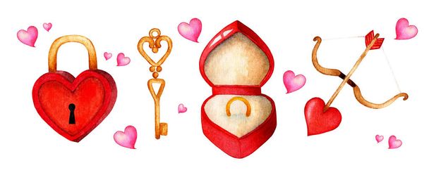 Watercolor painting set lock, key, box with ring, bow and arrow, hearts. Love concept. Design elements for Valentine's Day or wedding. Isolated on white background. Drawn by hand. - Вектор,изображение