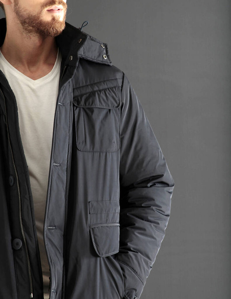 Black down jacket. Men's clothing. - Photo, Image