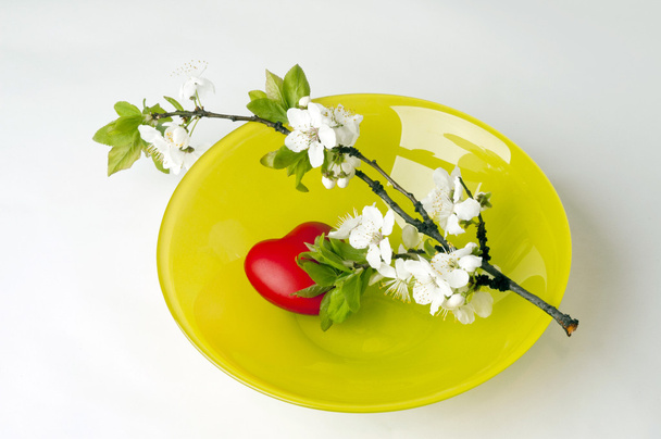 Pflaumenblüte über Herz auf Teller - Foto, Bild