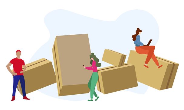 People in safety clothes work at warehouse vector flat illustration. Man and woman inside storage of logistic delivery service.  - Vector, Image