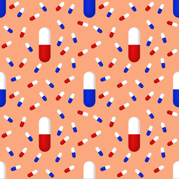 Drawing of images of medical capsules on red orange background. Template for applying to surface. medicine. seamless pattern. 3D rendering. 3D image - Photo, Image