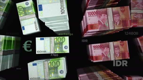 Euro and Indonesian Rupiah money exchange. Paper banknotes pack bundle. Concept of trade, economy, competition, crisis, banking and finance in Indonesia. Notes loopable seamless 3d animation. - Footage, Video