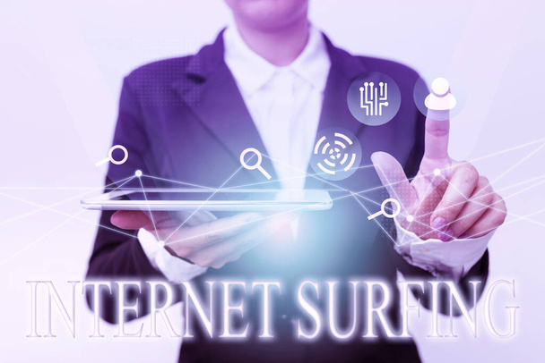 Inspiration showing sign Internet Surfing. Business showcase browsing hundred of websites using any installed browser Woman In Suit Holding Tablet Pointing Finger On Futuristic Virtual Button. - Photo, Image
