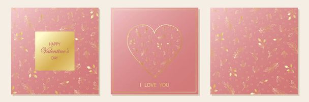 Happy Valentine's Day. Set of greeting cards. Pink square background with hearts and gold floral ornament. Vector illustration. - ベクター画像