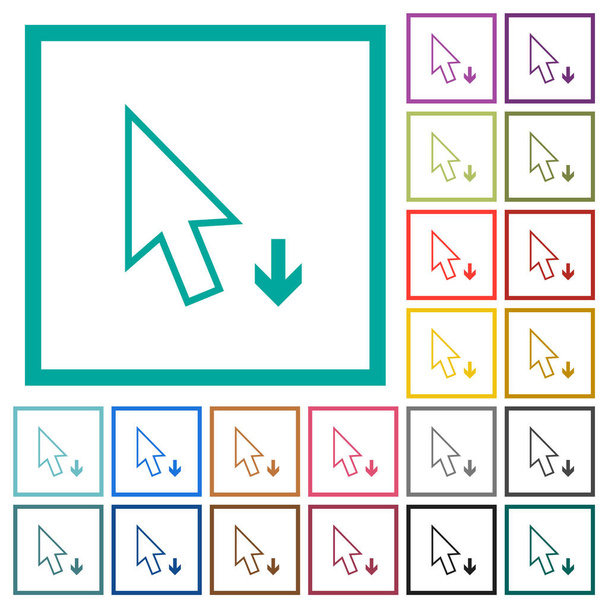 Cursor de seta para baixo delinear ícones de cor plana com quadros quadrantes no fundo branco - Vetor, Imagem