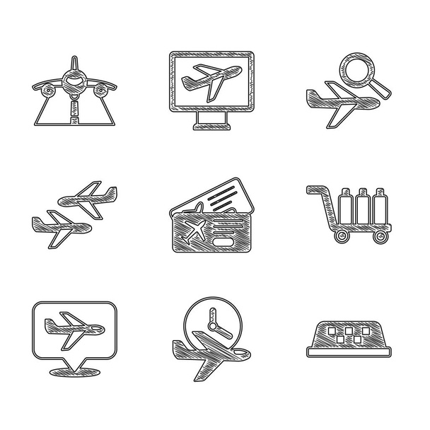 Set Airline ticket, Flight time, Taxi car roof, Trolley baggage, Plane, Airplane search and icon. Vector - Vecteur, image