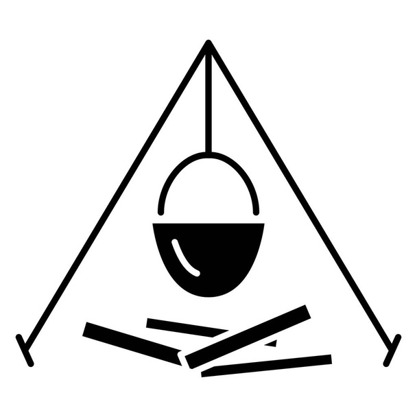 A camping pot hangs over the campfire on a tripod. Vector icon, glyph, isolated - Vector, Image