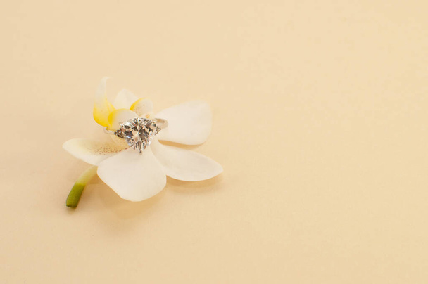 a ring with a large gemstone on an orchid flower on a beige background - Foto, afbeelding